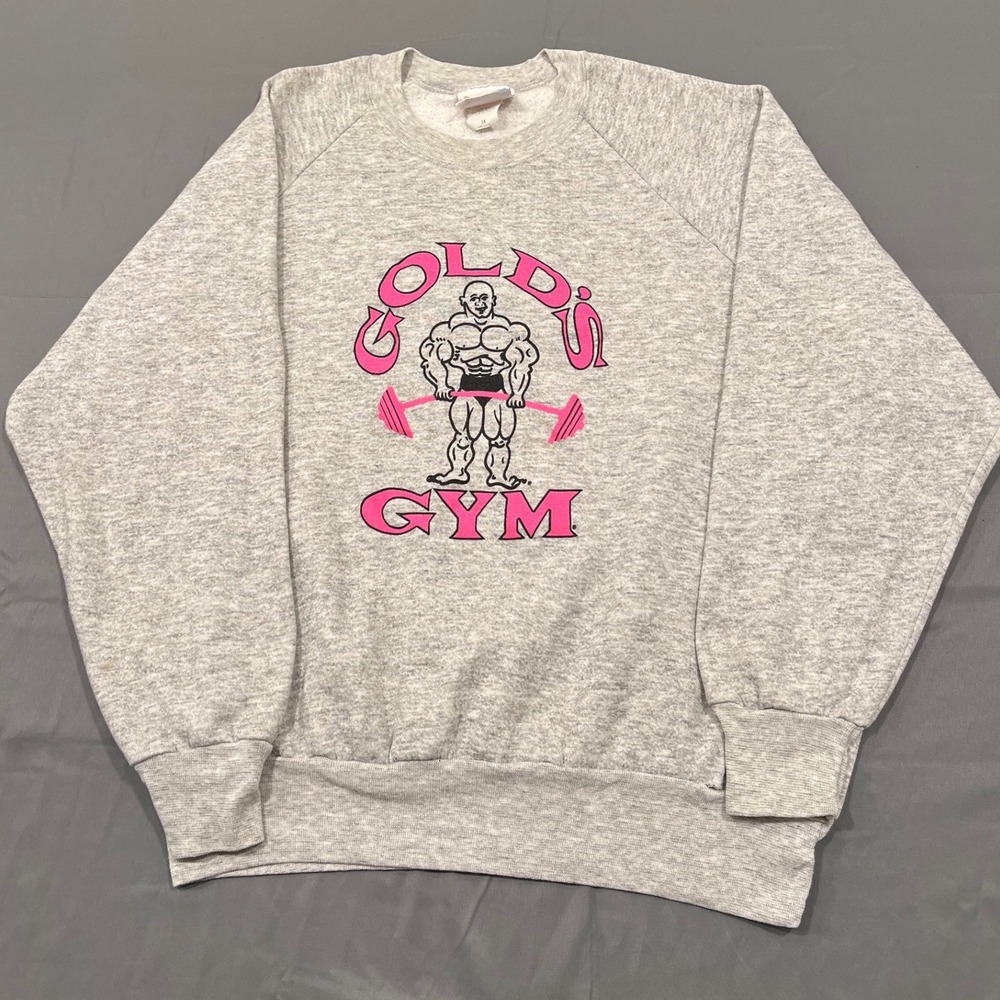 Vintage 90s Golds Gym Sweatshirt Gray Pink Muscle Joe Bodybuilding Made in USA